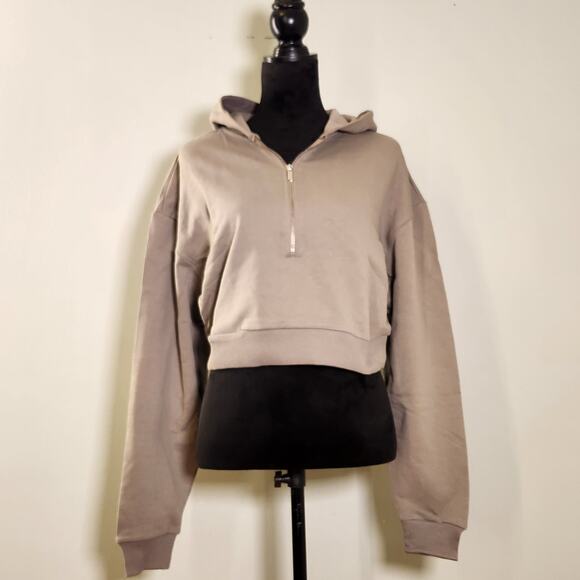 WEWOREWHAT Half Zip Cropped Fleece Hoodie in Stone, Size Large - Picture 6 of 14